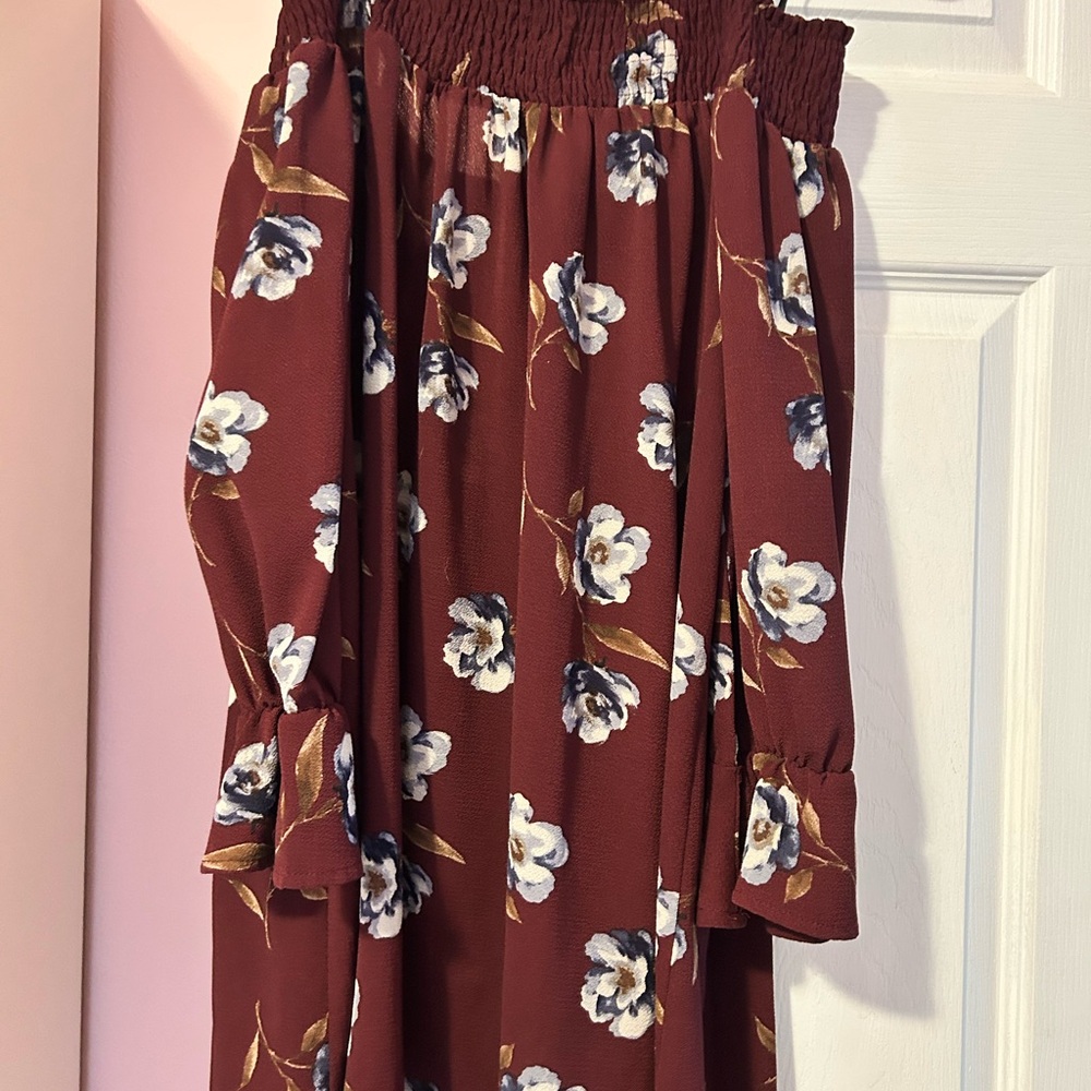 Floral Off-Shoulder Dress - Maroon